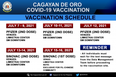 VACCINATION ROLLOUT SCHEDULE FOR JULY 7 - 16, 2021